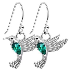 Hummingbird Dangle Earrings | Silver with Green Stone